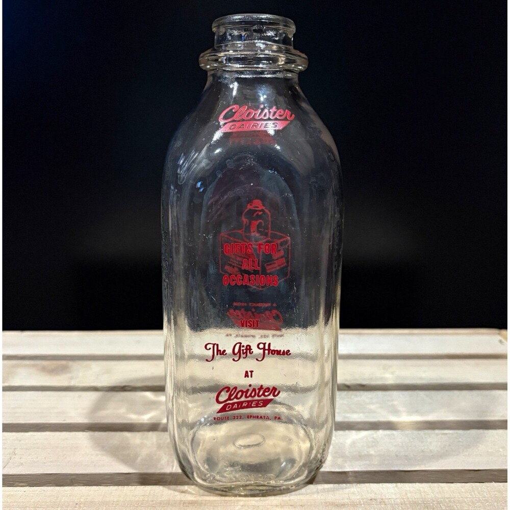 Cloister Dairies Ephrata PA 1 Quart Glass Milk Bottle Vintage Double Sided Ad